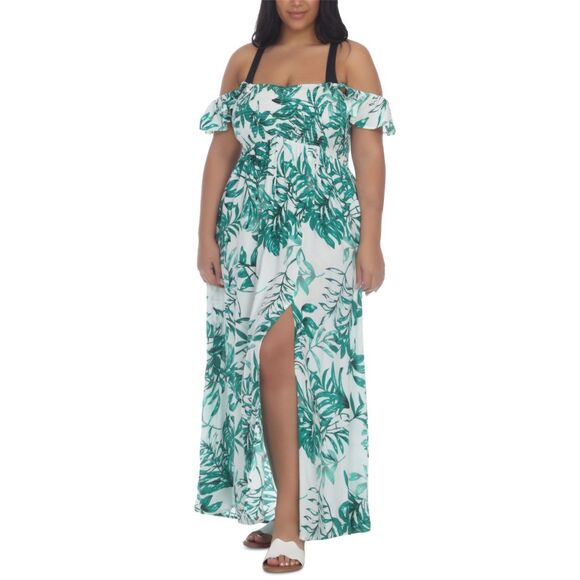 Raviya GREEN Plus Size Floral-Print Smocked-Bodice Maxi Dress Cover-up US 0X - Picture 1 of 3